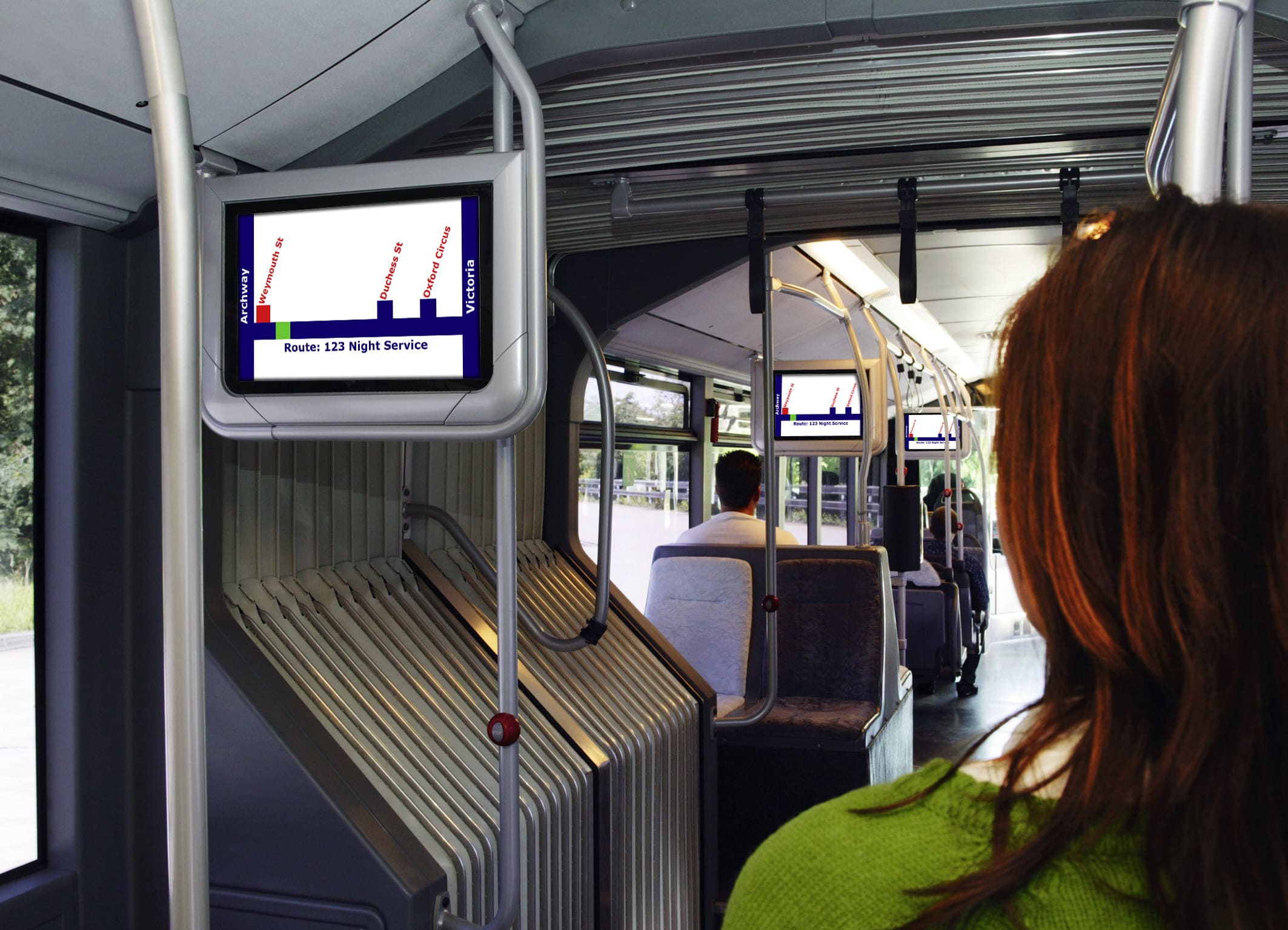 EasyGuide displays mounted onboard a city bus, providing real-time route maps and stop information to passengers throughout the journey