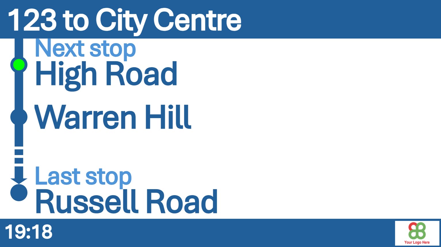 EasyGuide route overview screen showing the next stop, upcoming stops and last stop, with live time and operator branding