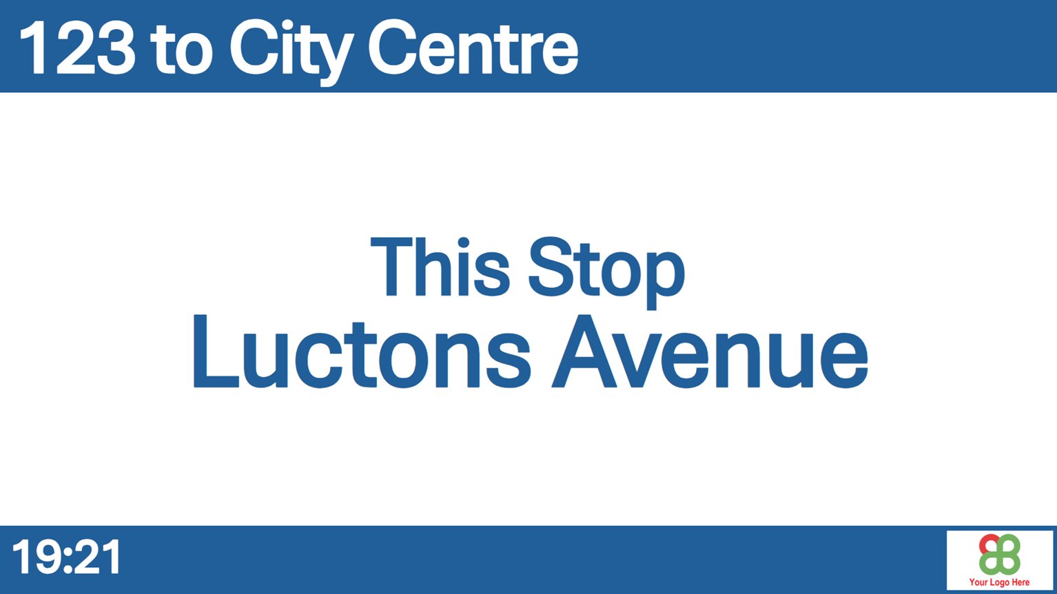 EasyGuide current-stop announcement screen displayed onboard a passenger bus, showing the active stop name in large, accessible typography supporting AIR compliance