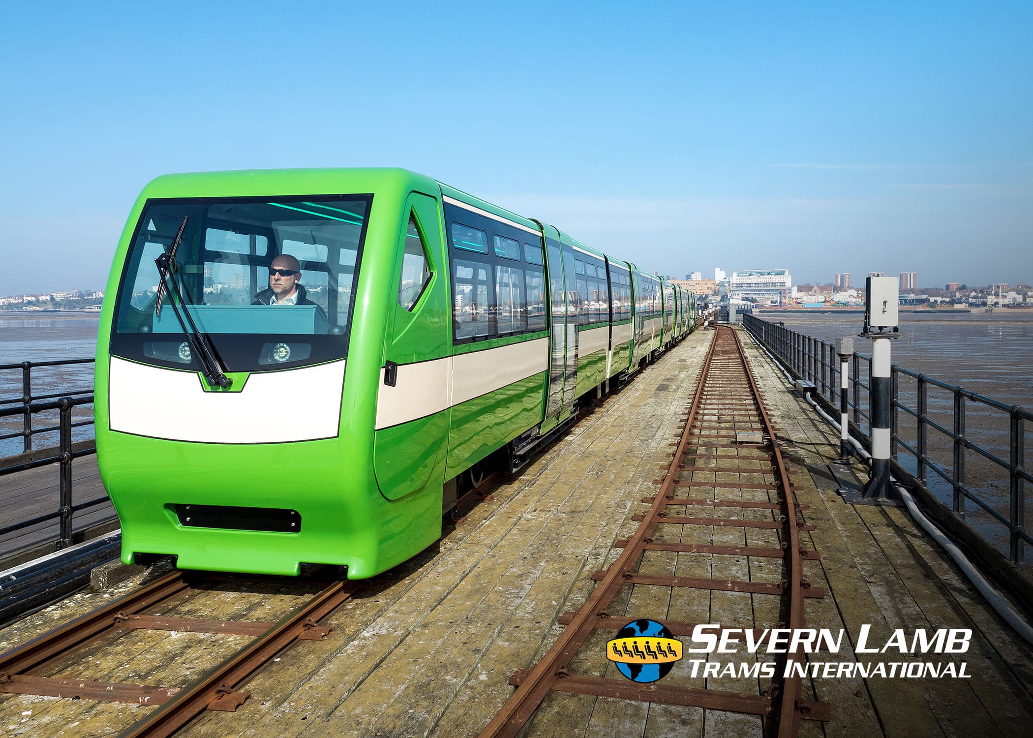 Southend Pier Railway train running along the historic pier, fitted with EasyGuide GPS-triggered passenger announcements